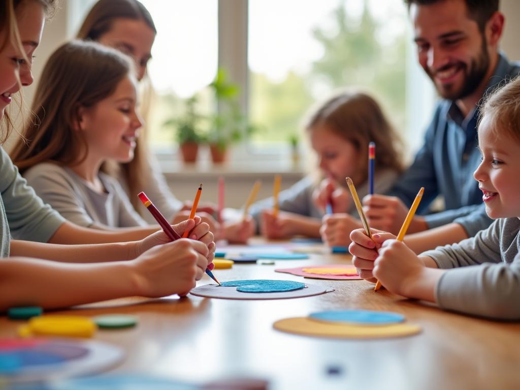 Familia participando en taller de arte creativo